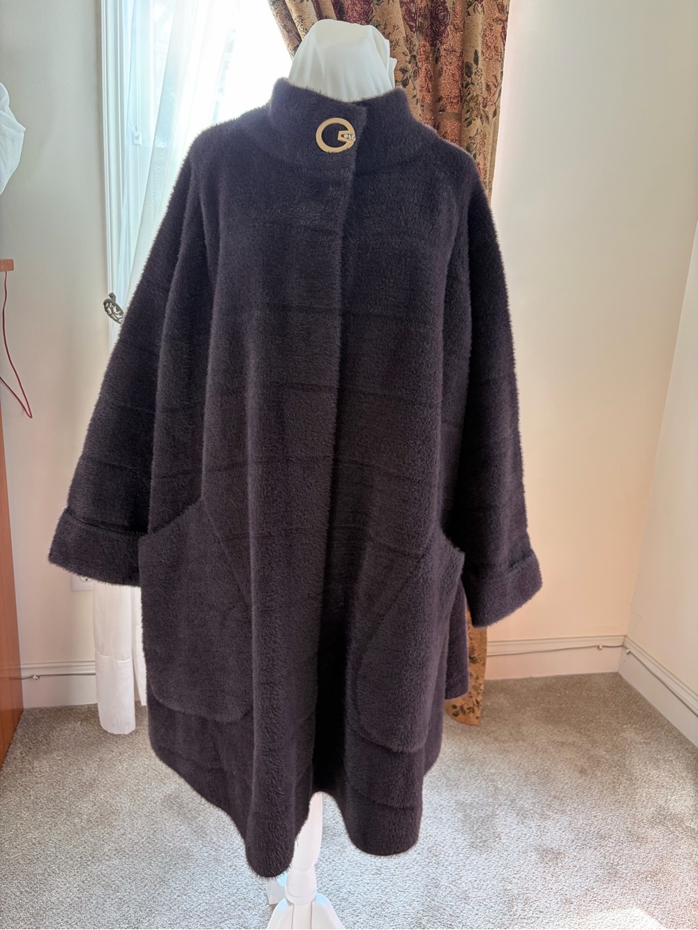 Womens Black Cozy Plush Coat with Gold Button